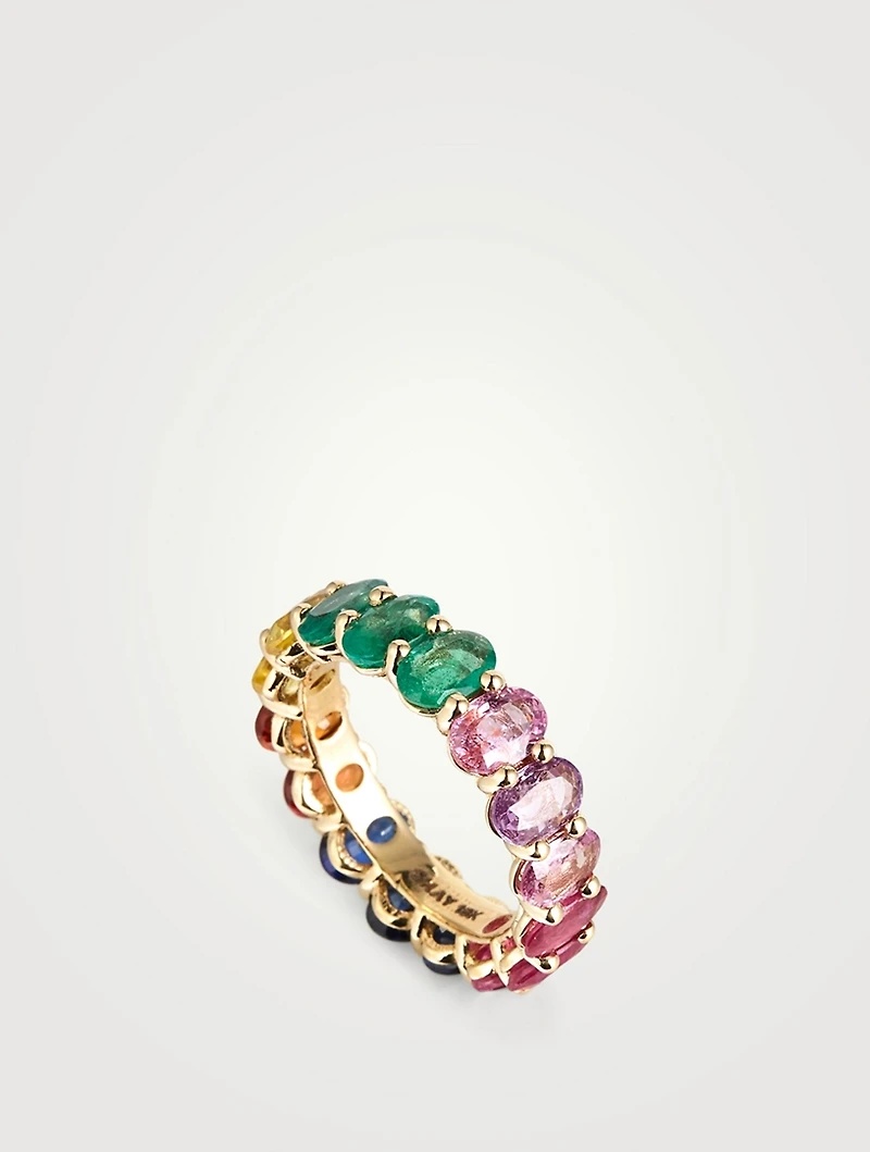 18K Gold Oval Rainbow Eternity Ring With Gemstones