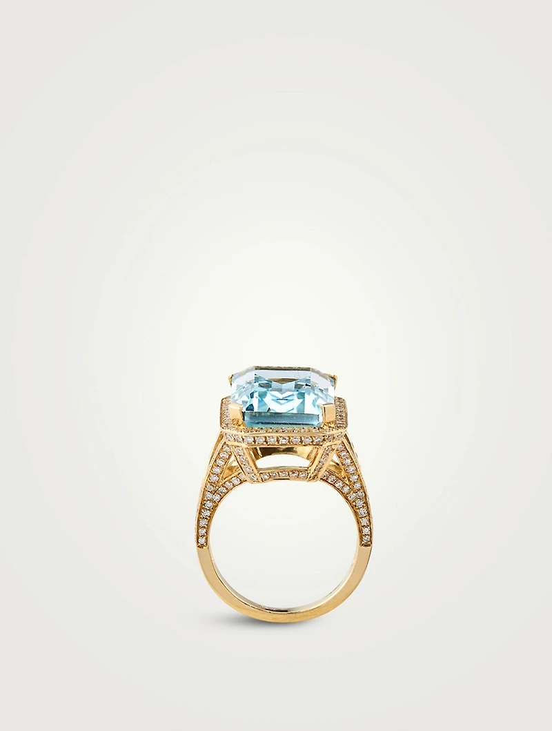 18K Gold Portrait Gemstone Ring With Crystal And Diamonds