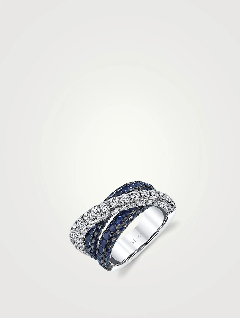 18K White Gold Three-Sided Orbit Ring With Sapphire And Diamonds