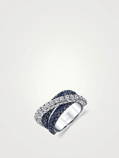 18K White Gold Three-Sided Orbit Ring With Sapphire And Diamonds