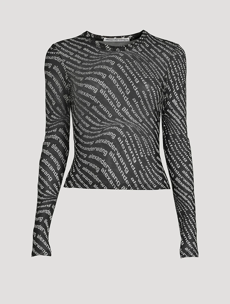 Long-Sleeve Mesh T-Shirt Wave Logo Print