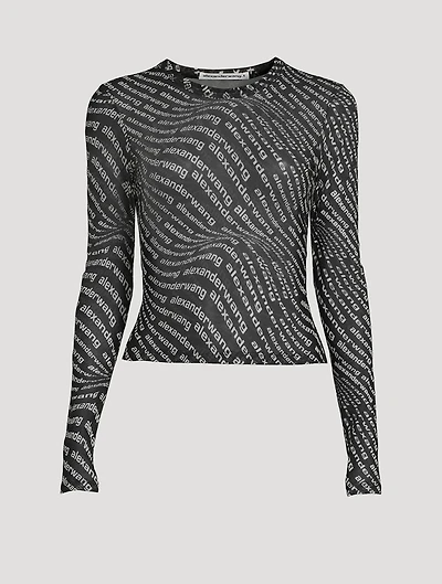 Long-Sleeve Mesh T-Shirt Wave Logo Print
