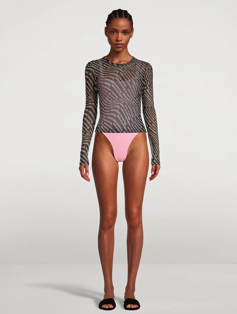 Long-Sleeve Mesh T-Shirt Wave Logo Print
