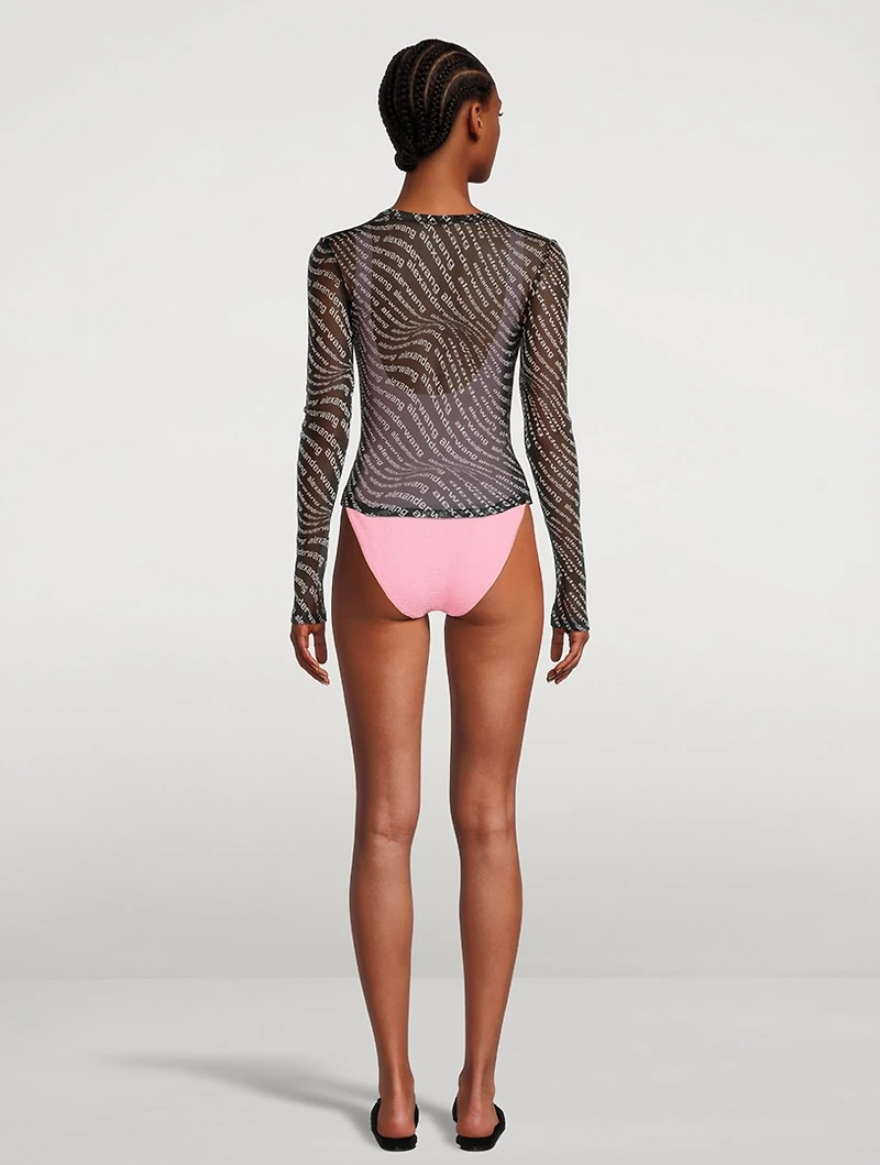 Long-Sleeve Mesh T-Shirt Wave Logo Print