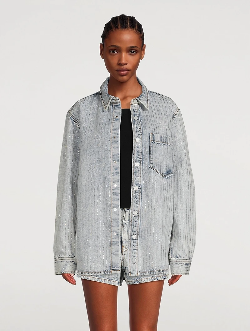 Oversized Denim Shirt With Crystal Pinstripes