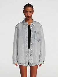 Oversized Denim Shirt With Crystal Pinstripes