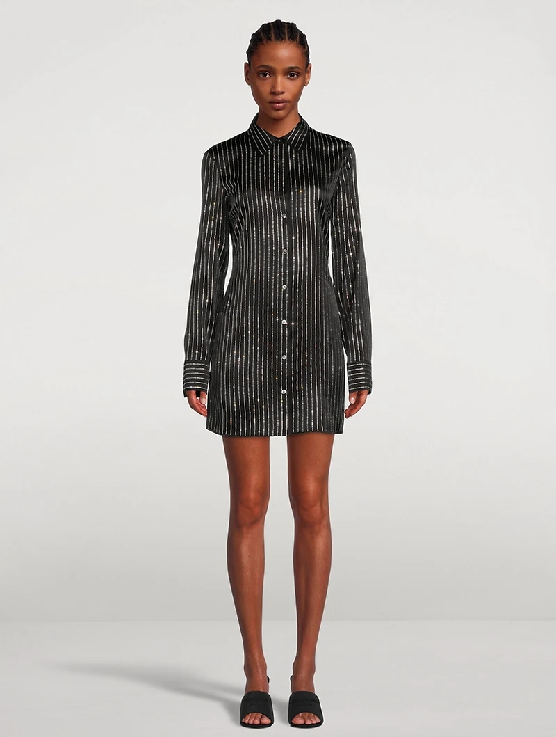 Silk Shirt Dress With Crystal Pinstripes