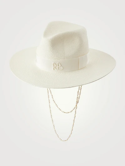 Straw Fedora Hat With Double Chain