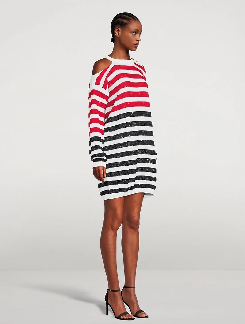 Embellished Striped Sweater Dress With Buttons