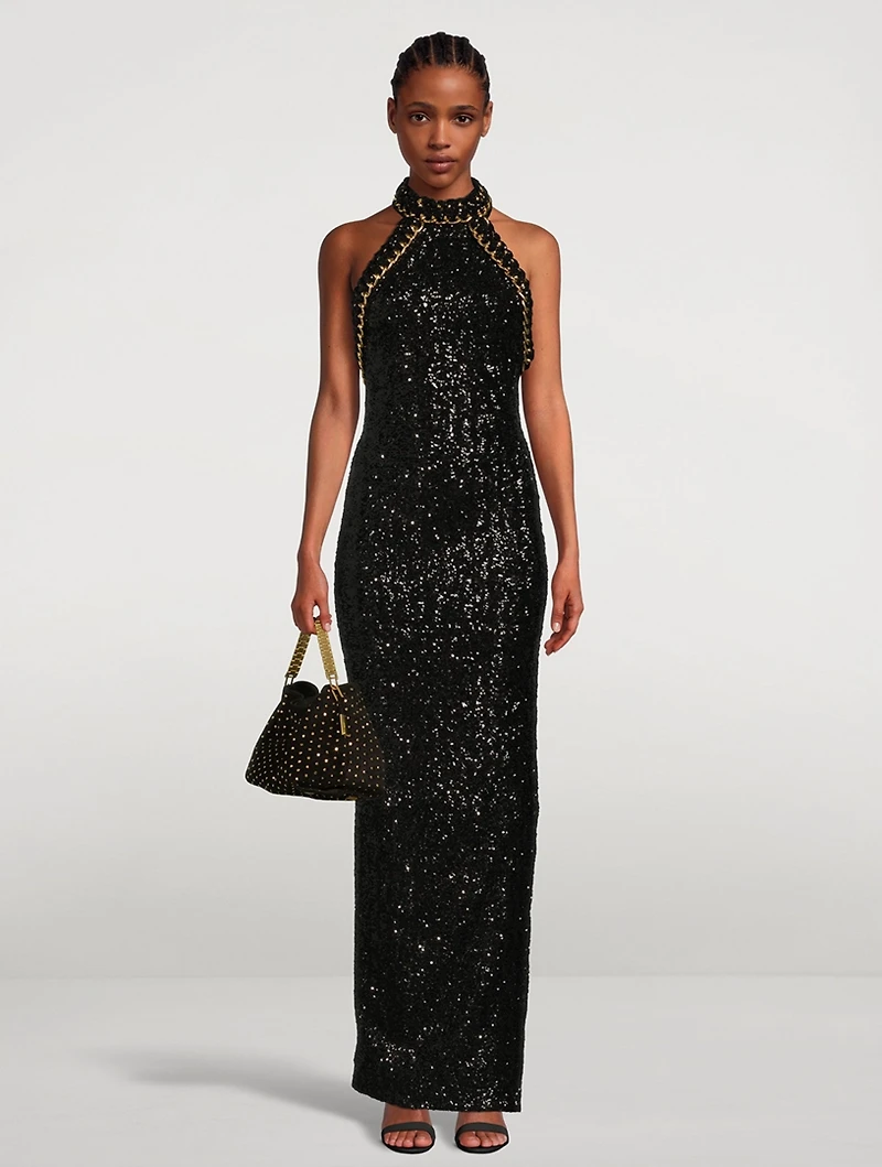 Sequin-Embellished Halter Gown