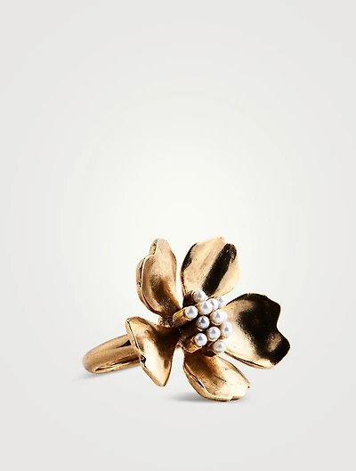 Tropical Flower Ring With Crystal Pearl