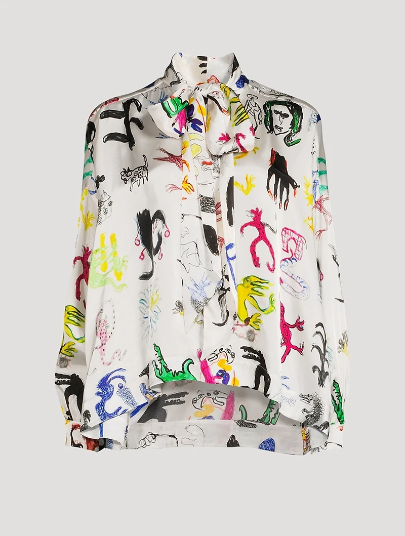 Tie-Neck Blouse In Artist Doodles Print