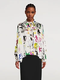 Tie-Neck Blouse In Artist Doodles Print