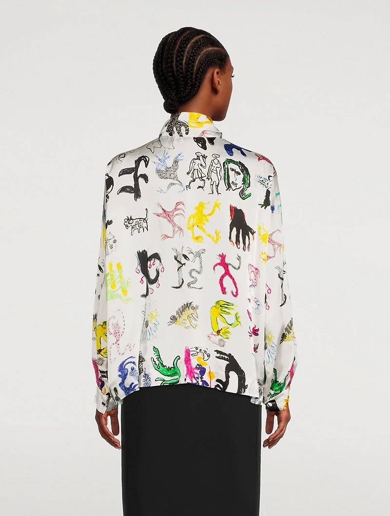 Tie-Neck Blouse In Artist Doodles Print
