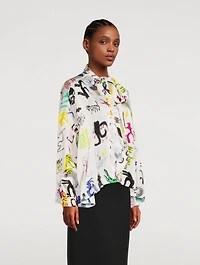 Tie-Neck Blouse In Artist Doodles Print