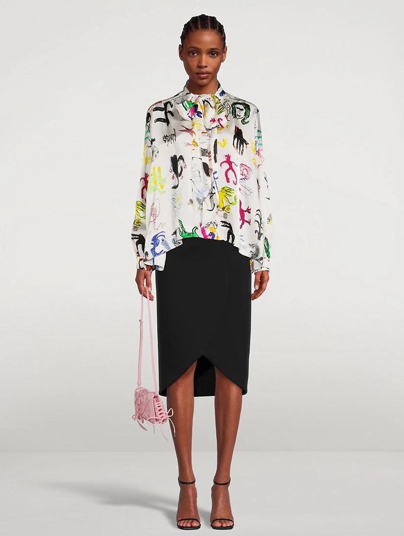 Tie-Neck Blouse In Artist Doodles Print
