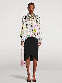 Tie-Neck Blouse In Artist Doodles Print