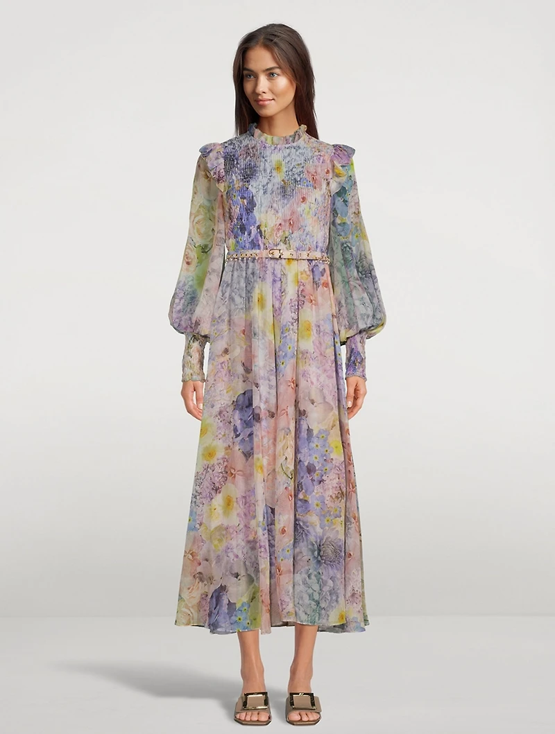 Rhythmic Shirred Midi Dress Floral Print