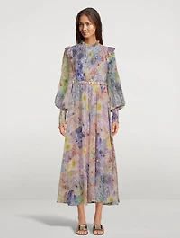 Rhythmic Shirred Midi Dress Floral Print