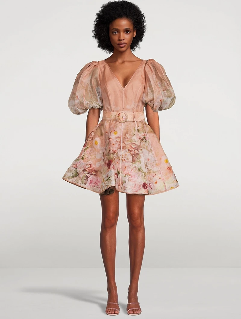Dancer Puff-Sleeve Organza Mini Dress Floral Print