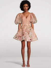 Dancer Puff-Sleeve Organza Mini Dress Floral Print