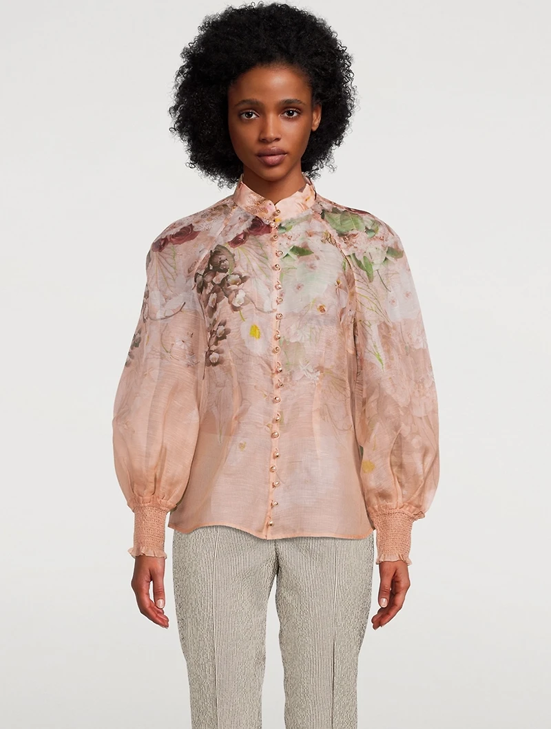 Dancer Puff-Sleeve Organza Blouse Floral Print