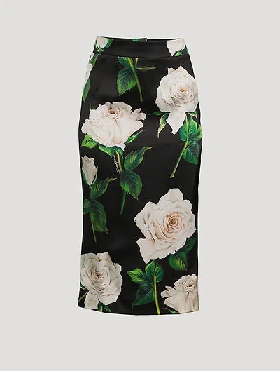 Satin Pencil Skirt Rose Print