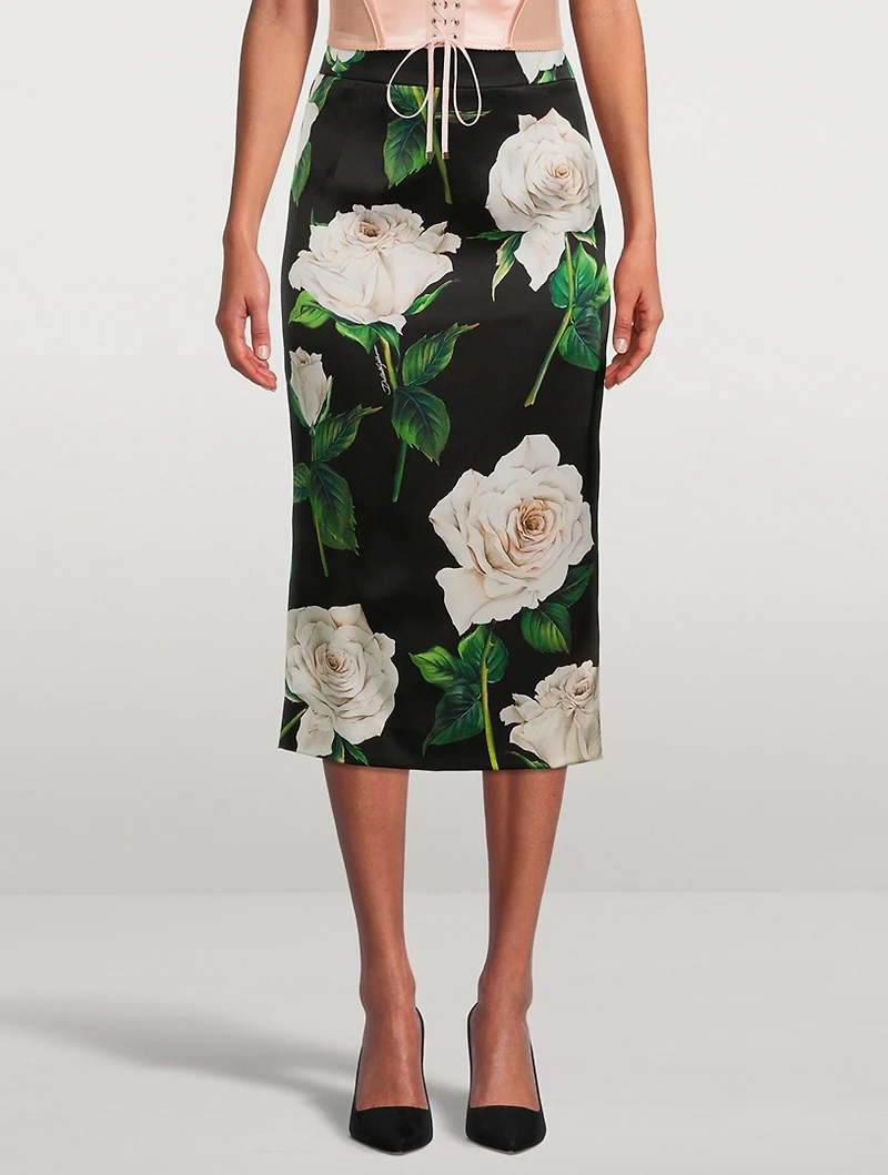 Satin Pencil Skirt Rose Print