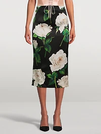 Satin Pencil Skirt Rose Print