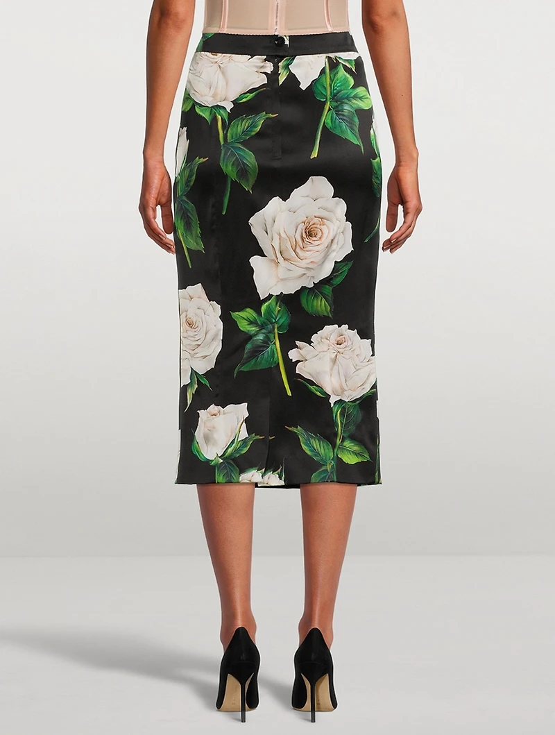 Satin Pencil Skirt Rose Print