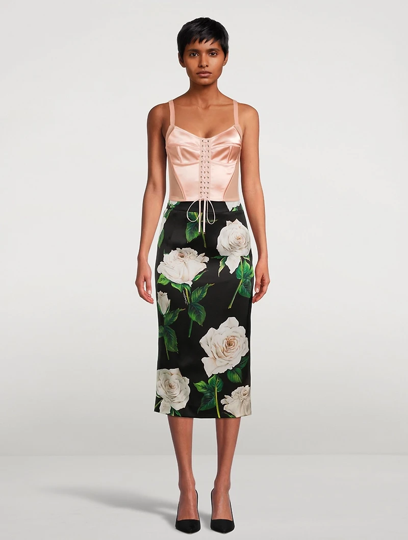 Satin Pencil Skirt Rose Print
