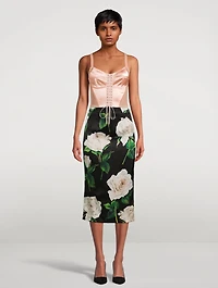 Satin Pencil Skirt Rose Print