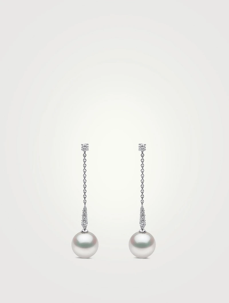 18K White Gold Pearl Drop Earrings With Diamonds