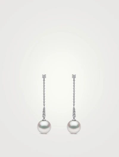 18K White Gold Pearl Drop Earrings With Diamonds