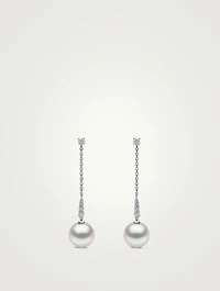 18K White Gold Pearl Drop Earrings With Diamonds