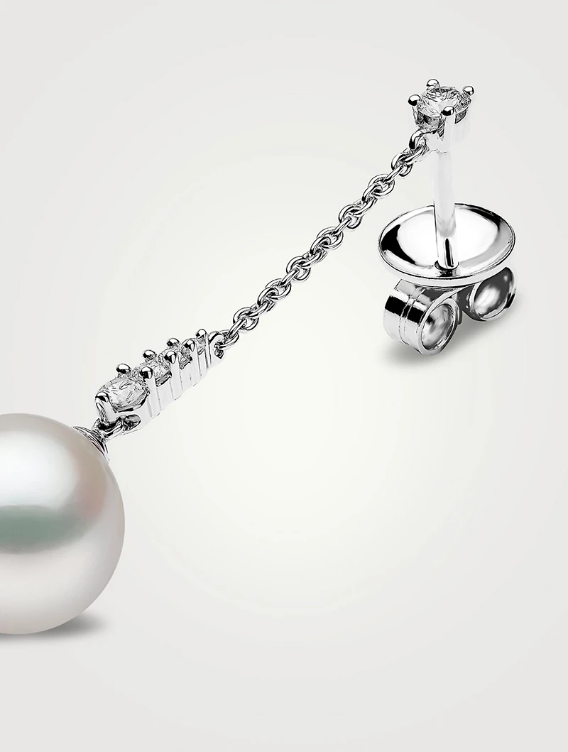18K White Gold Pearl Drop Earrings With Diamonds