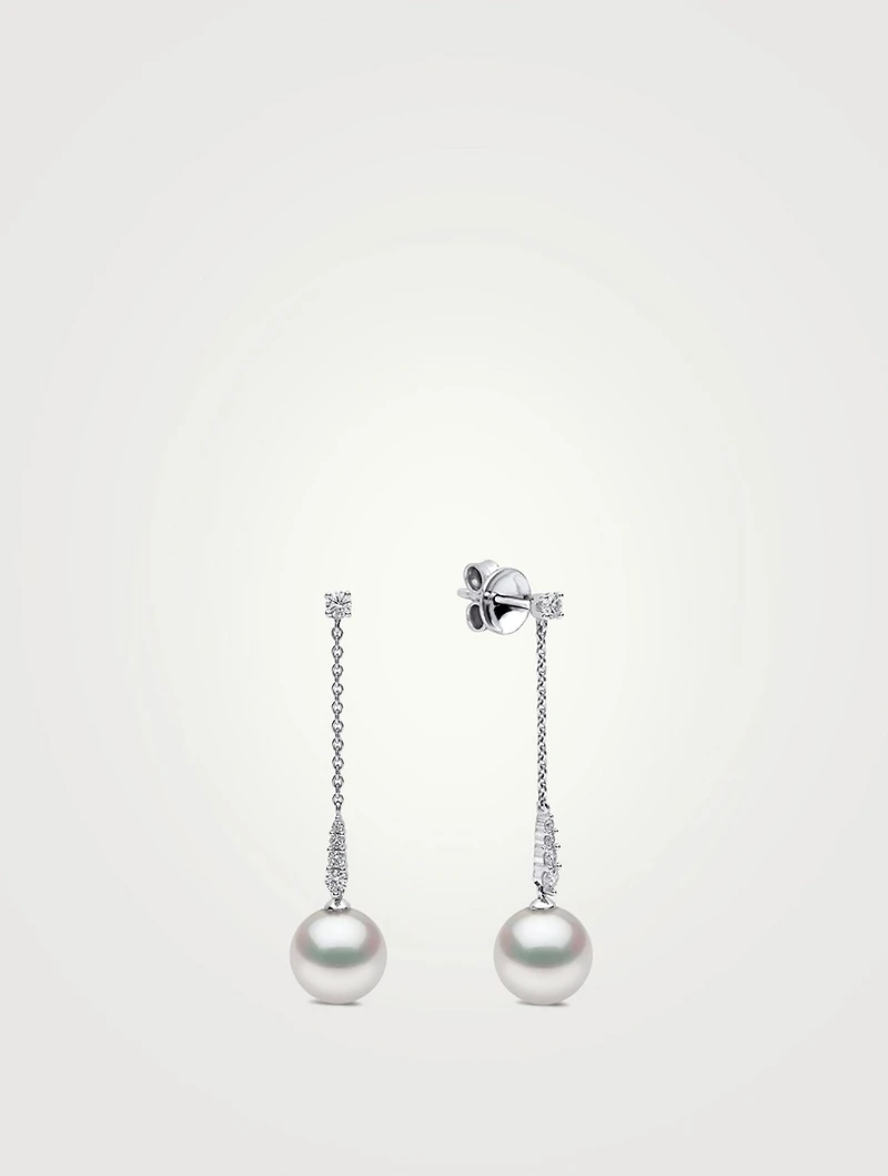 18K White Gold Pearl Drop Earrings With Diamonds