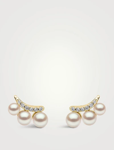 Sleek 18K Gold Akoya Pearl And Diamond Stud Earrings