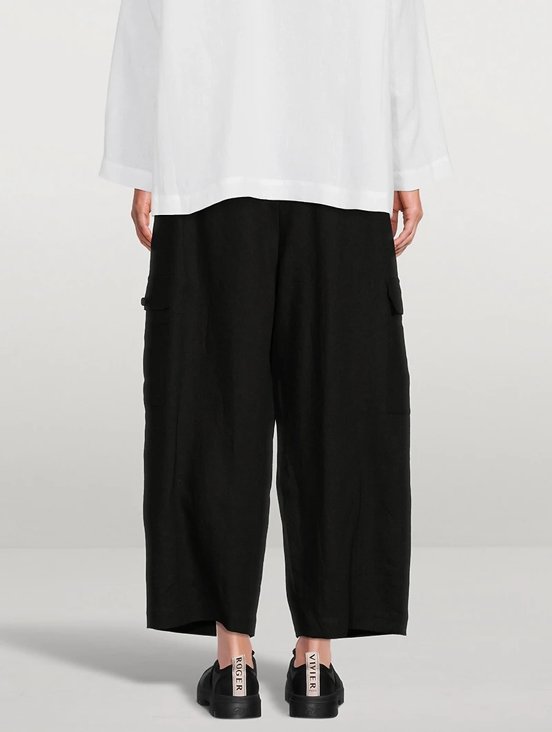 Japanese Wide-Leg Linen Cargo Trousers