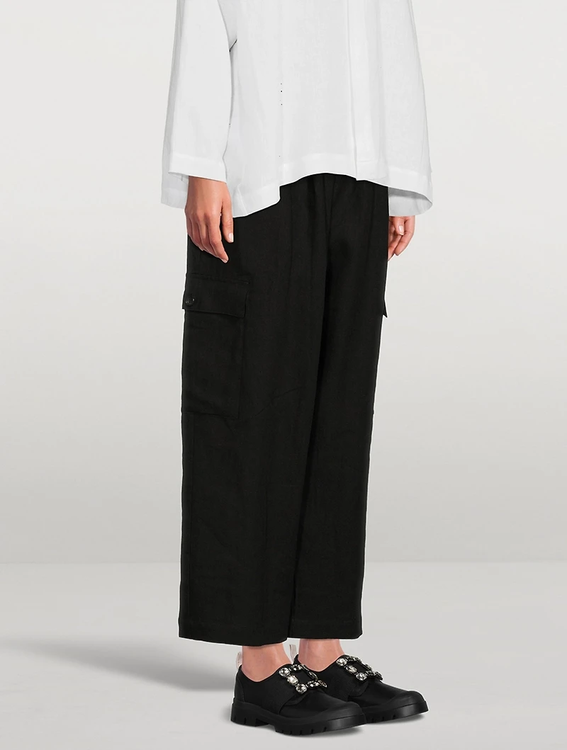 Japanese Wide-Leg Linen Cargo Trousers