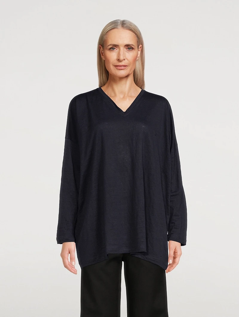 Linen Long-Sleeve V-Neck Sweater