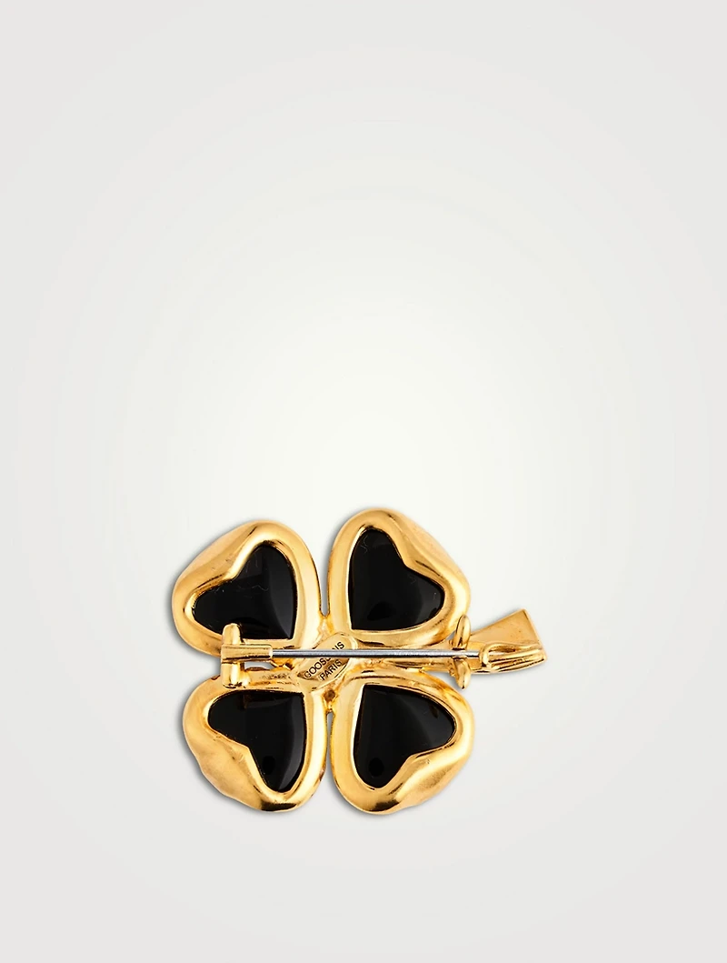 24K Gold Plated Trefle Black Agate Brooch