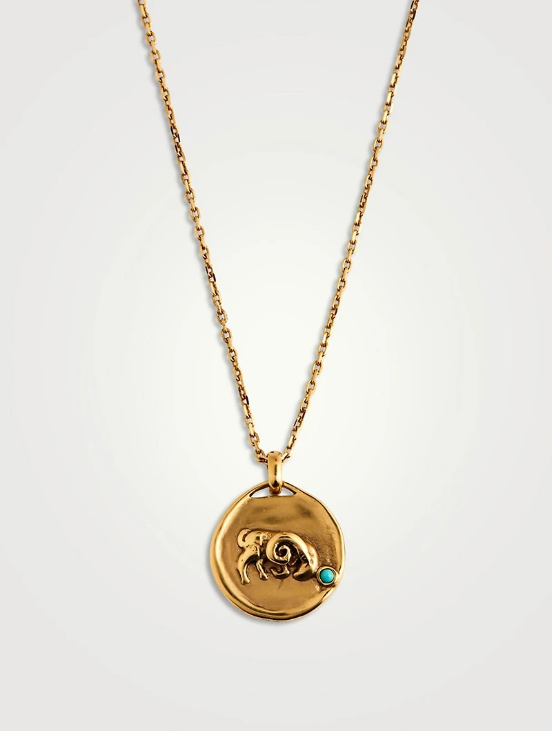 24K Gold Plated Talisman Mini Aries Medallion Necklace With Turquoise