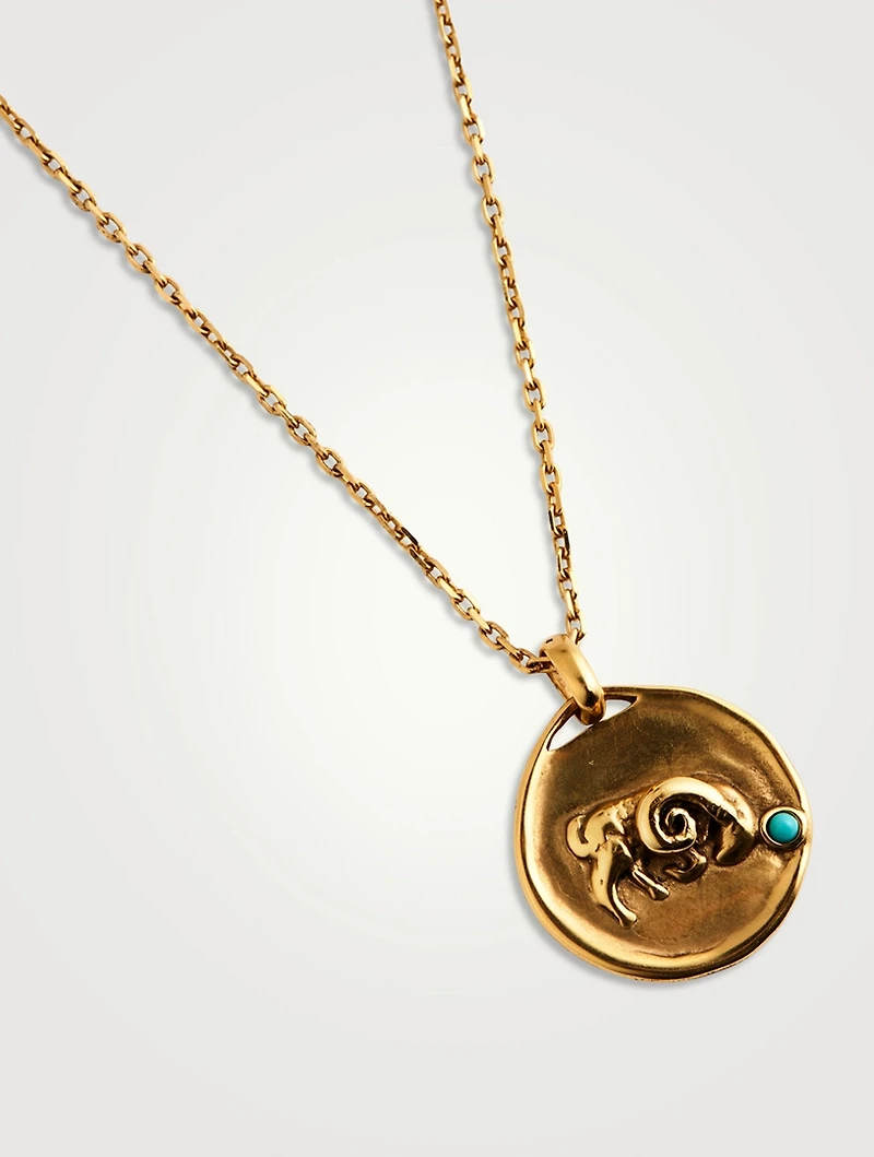 24K Gold Plated Talisman Mini Aries Medallion Necklace With Turquoise