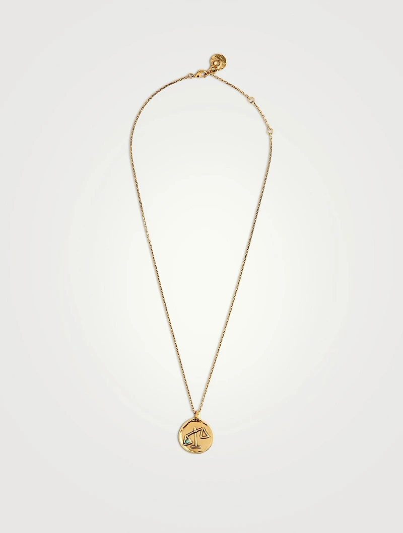 24K Gold Plated Talisman Mini Libra Medallion Necklace With Turquoise