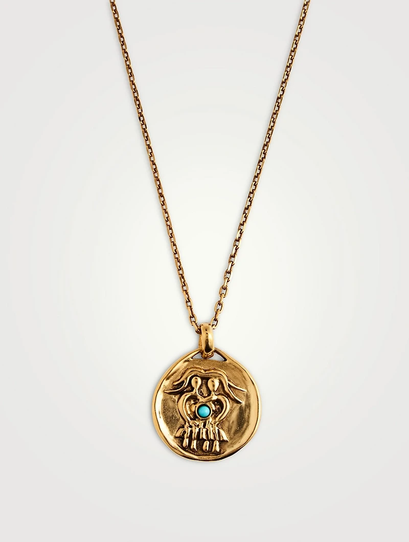24K Gold Plated Talisman Mini Gemini Medallion Necklace With Turquoise