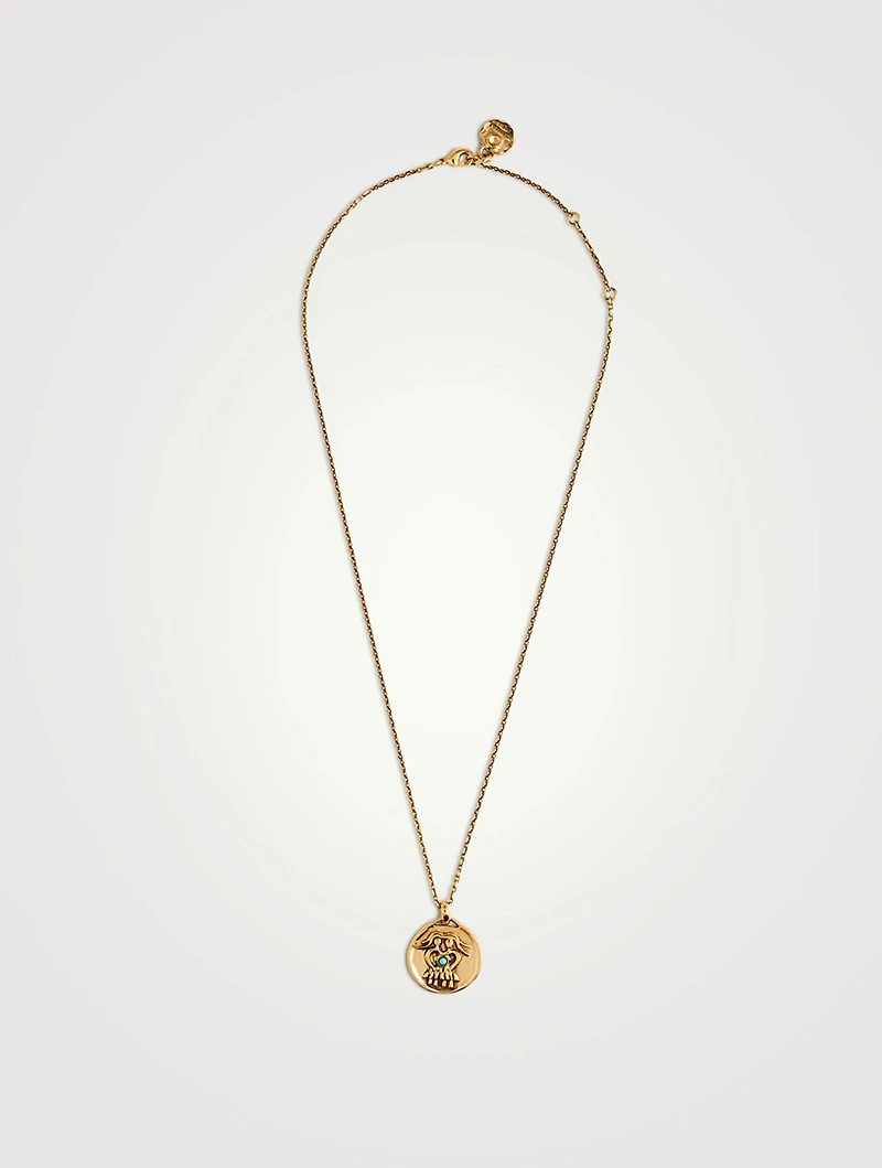 24K Gold Plated Talisman Mini Gemini Medallion Necklace With Turquoise