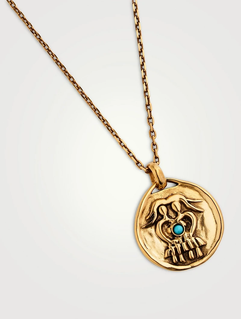 24K Gold Plated Talisman Mini Gemini Medallion Necklace With Turquoise