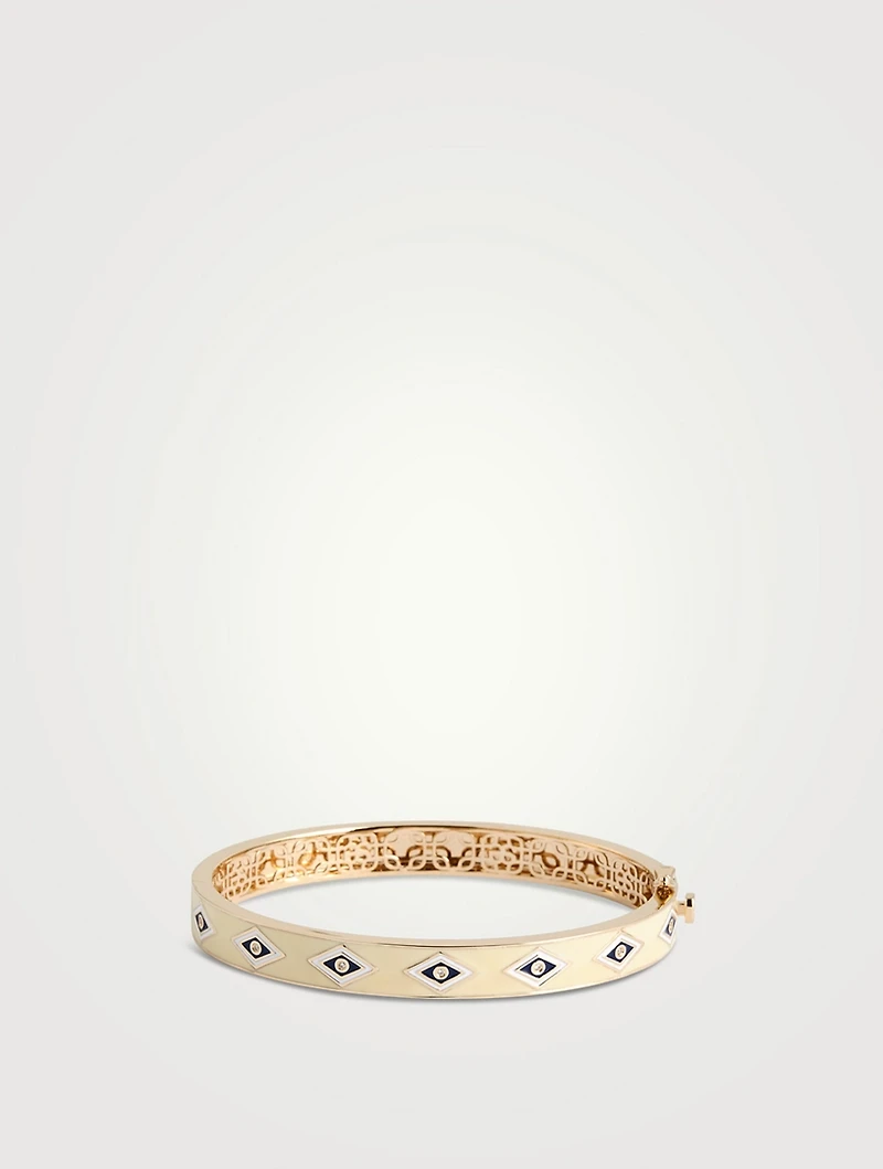 14K Gold Groovy Eye Enamel Hinged Bangle With Diamonds