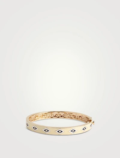 14K Gold Groovy Eye Enamel Hinged Bangle With Diamonds